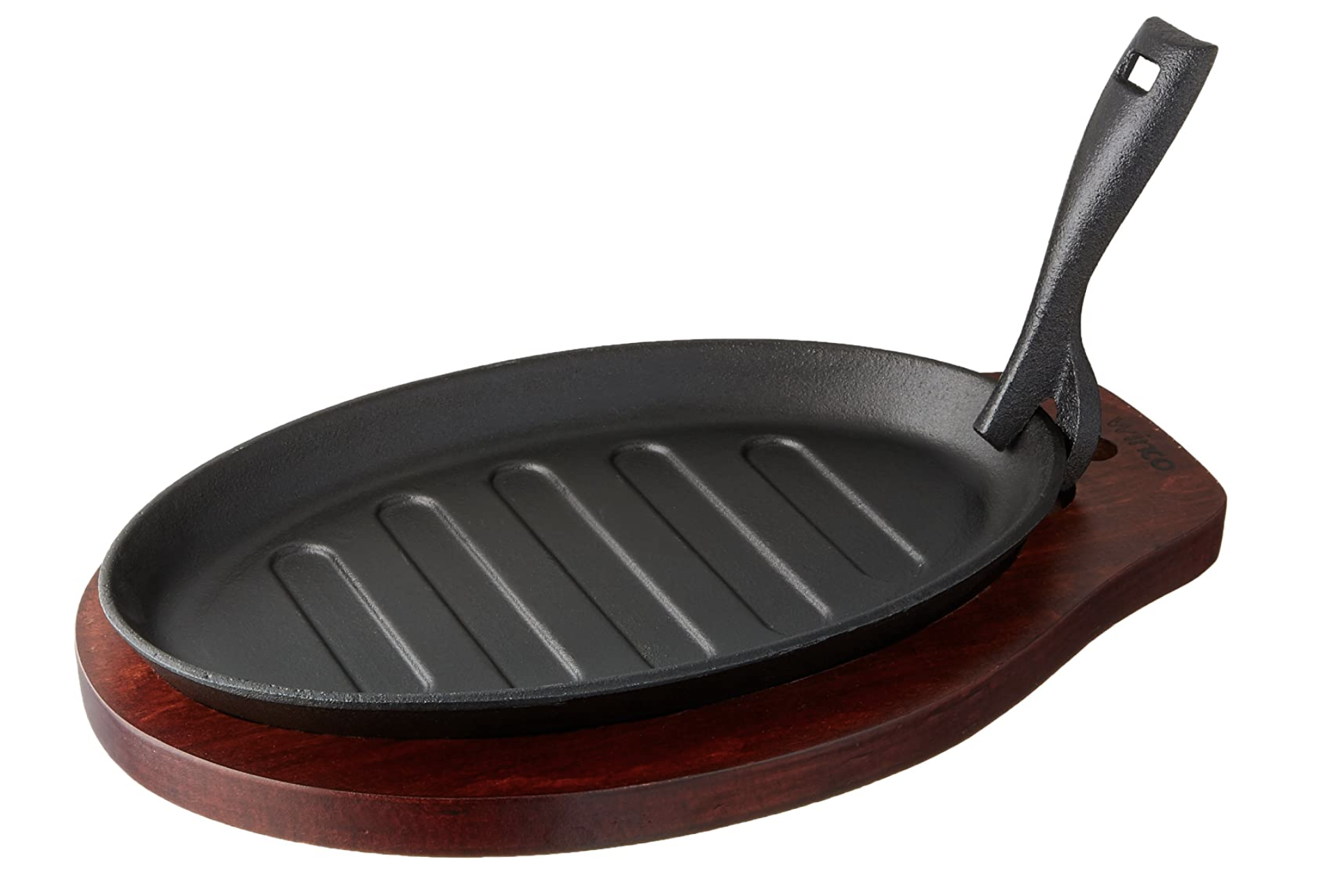 WinCo ISP-3 Cast Iron Steak Platter with Wood Underline